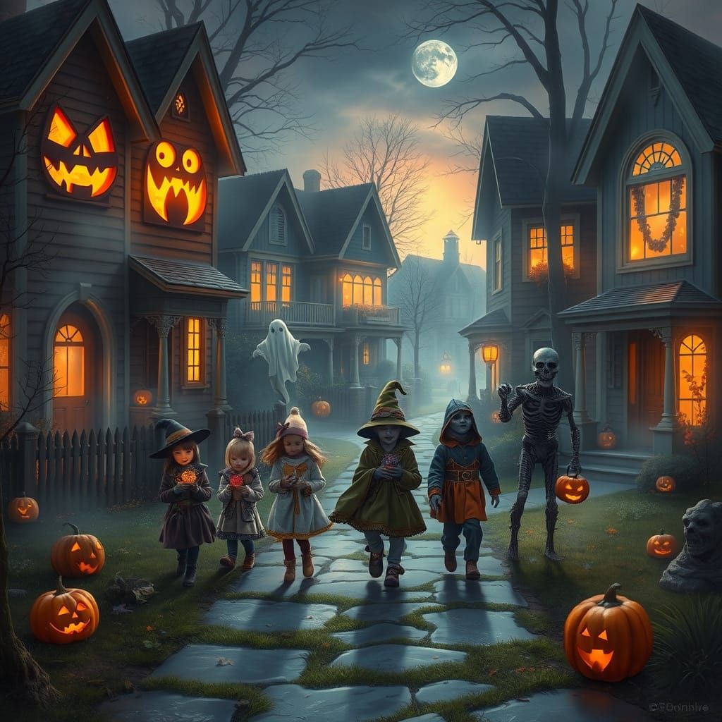 Children Trick-Or-Treating in Ethereal Halloween Mist