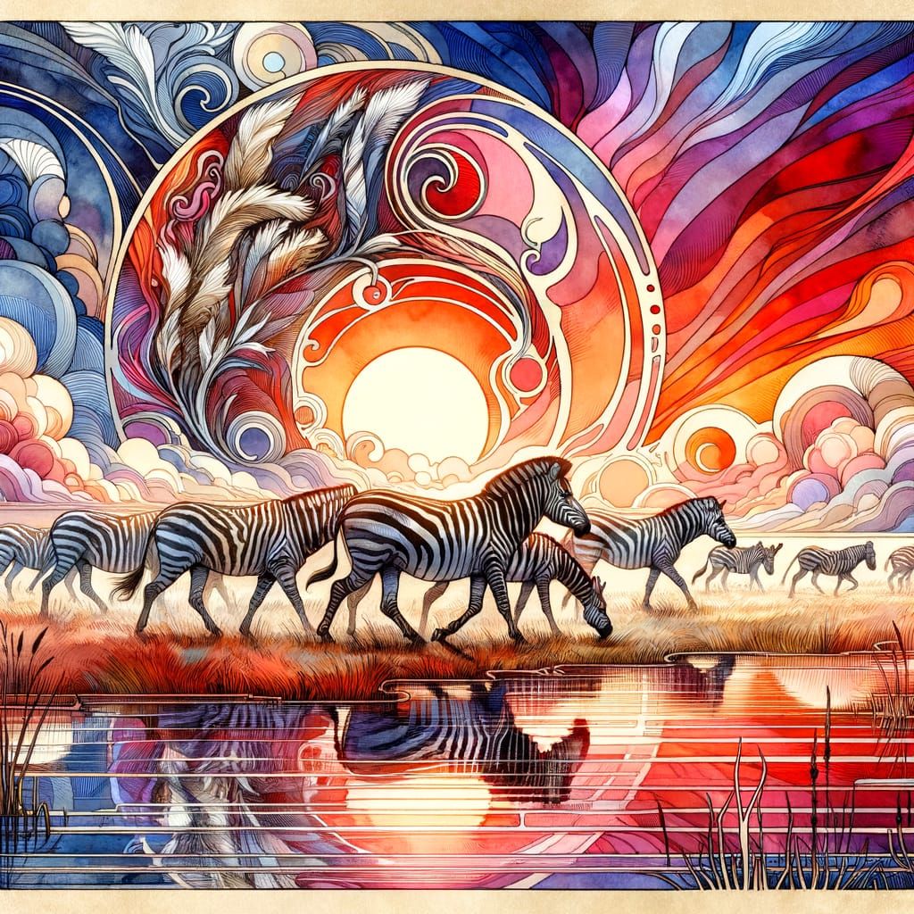Zebras on Serengeti Plains in Art Nouveau Watercolor