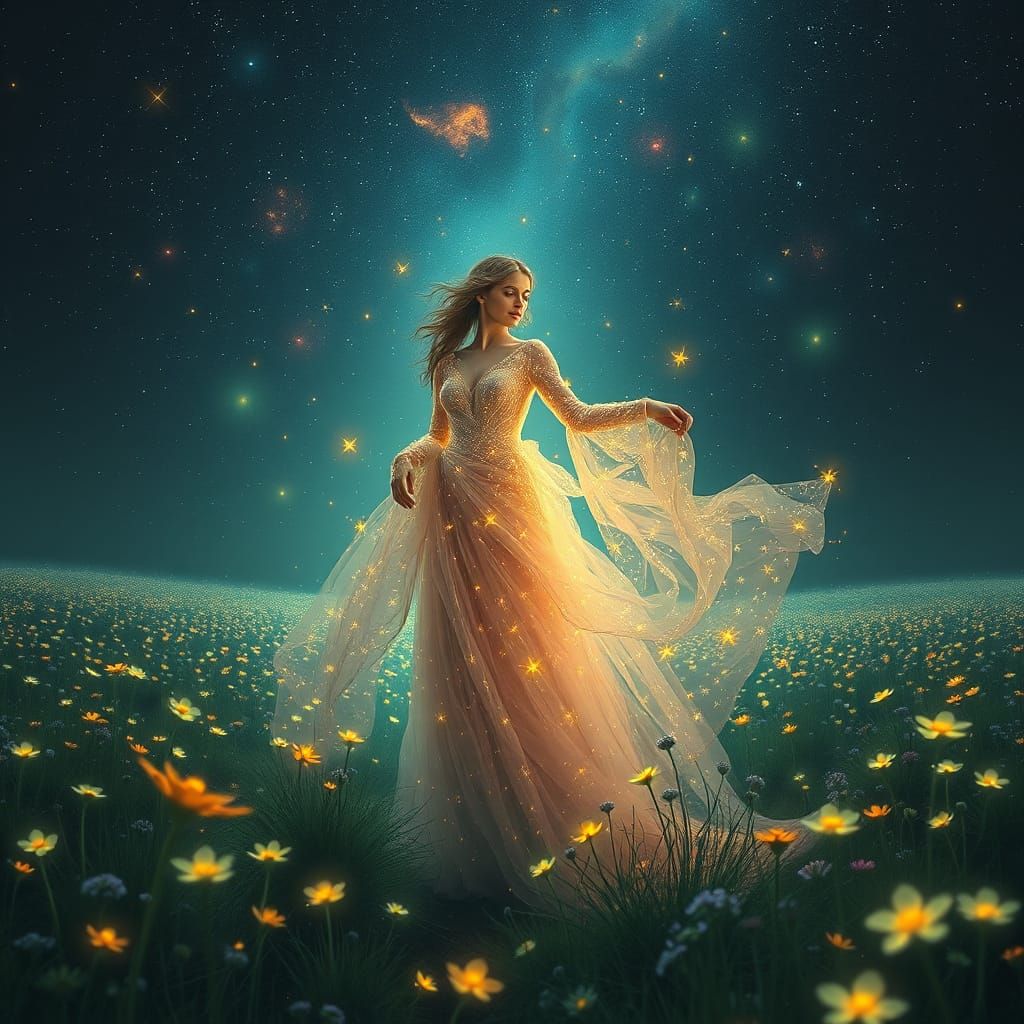 Bioluminescent Woman in Starry Field: Surreal Art