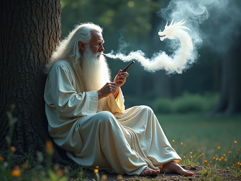 Gandalf the White Wizard Smoking a Pipe