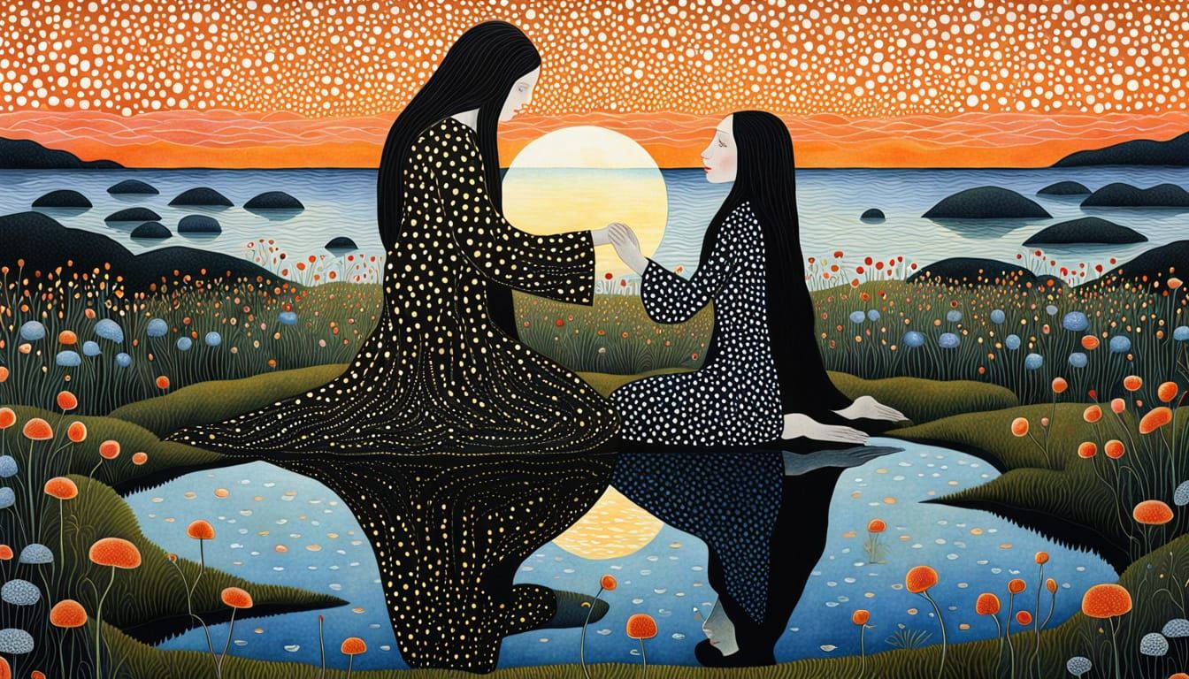 Surreal Sunset Scene with Mirrors and Mythical Creatures