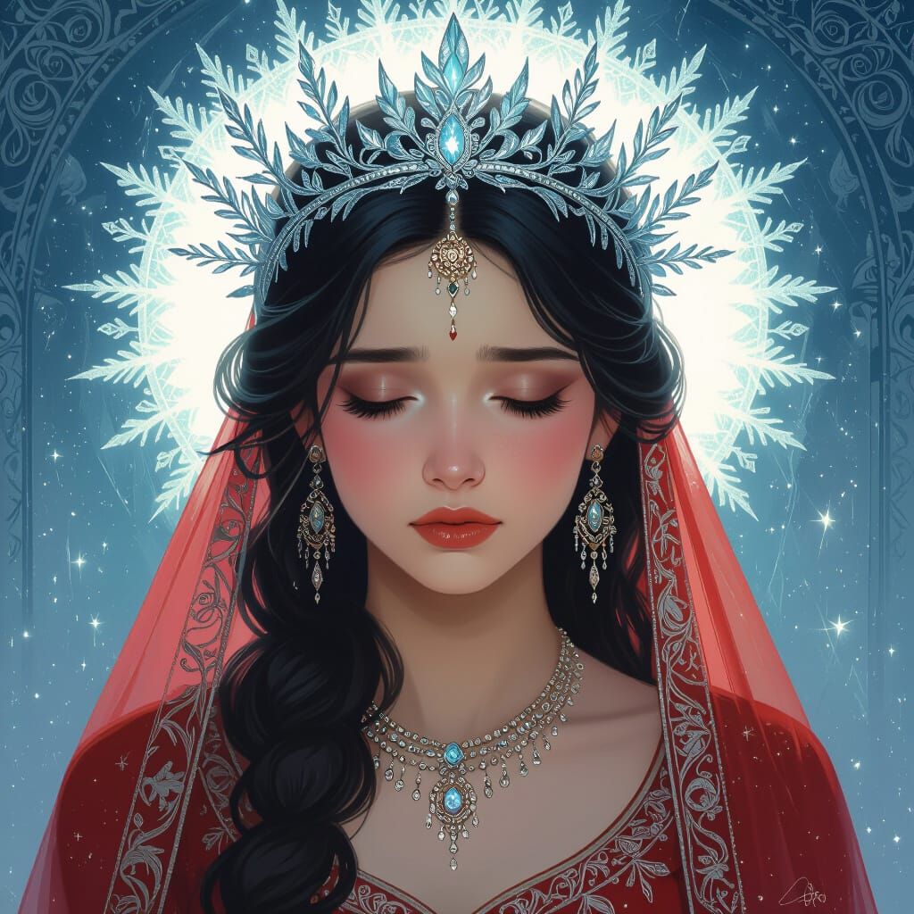 Sad Goddess of Ice and Fir in Red Lehenga