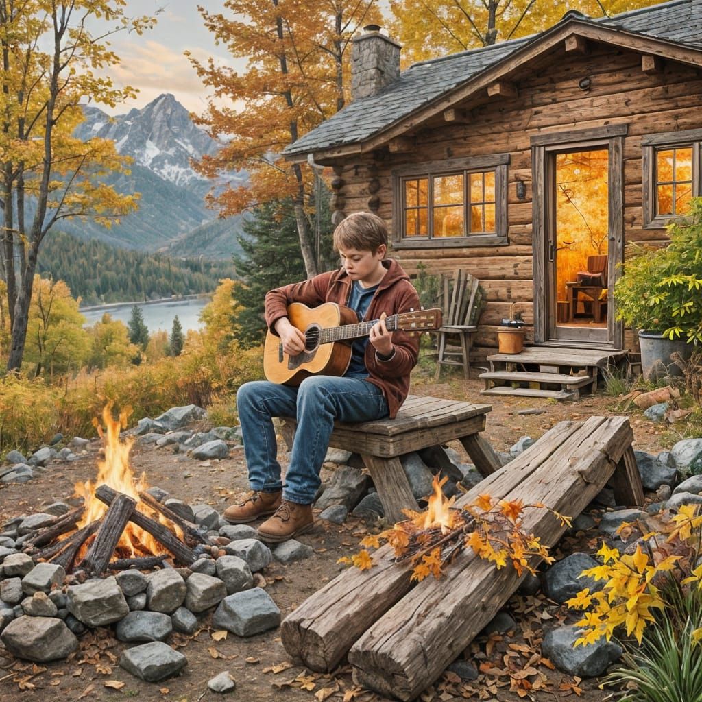 A solitary boy sits by a crackling campfire outside a rustic...