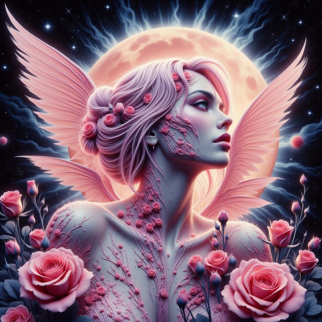 Pastel Goth Entity with Rose Wings and Stars
