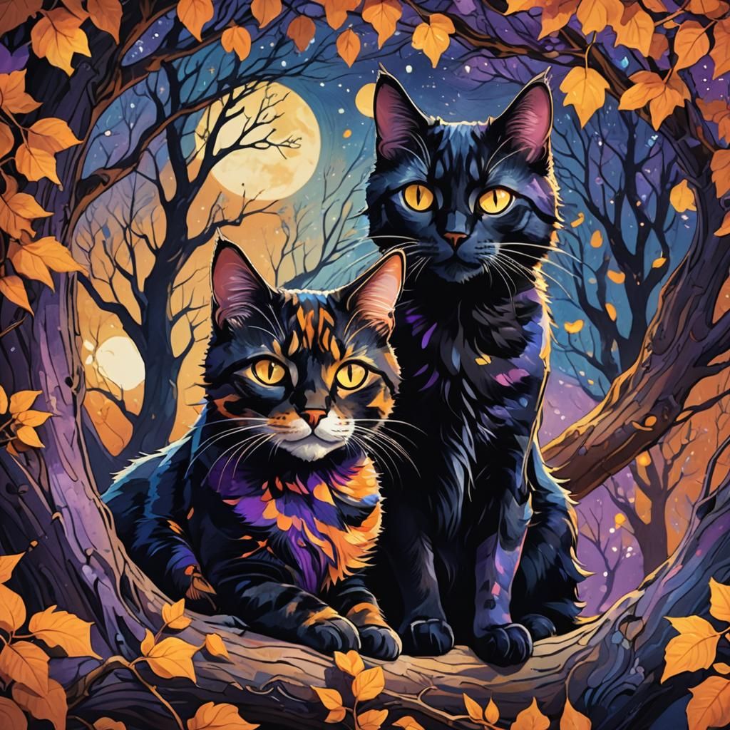 Whimsical Cats Cuddling in Magical Forest