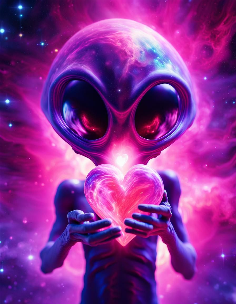 Alien Holding Heart in Cosmic Surrealism