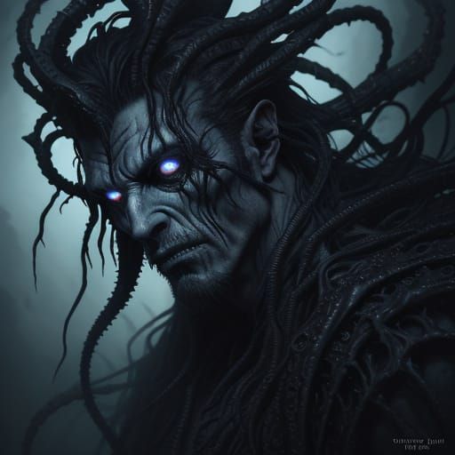 Twisted Dark Fantasy Portrait with Iridescent Tendrils