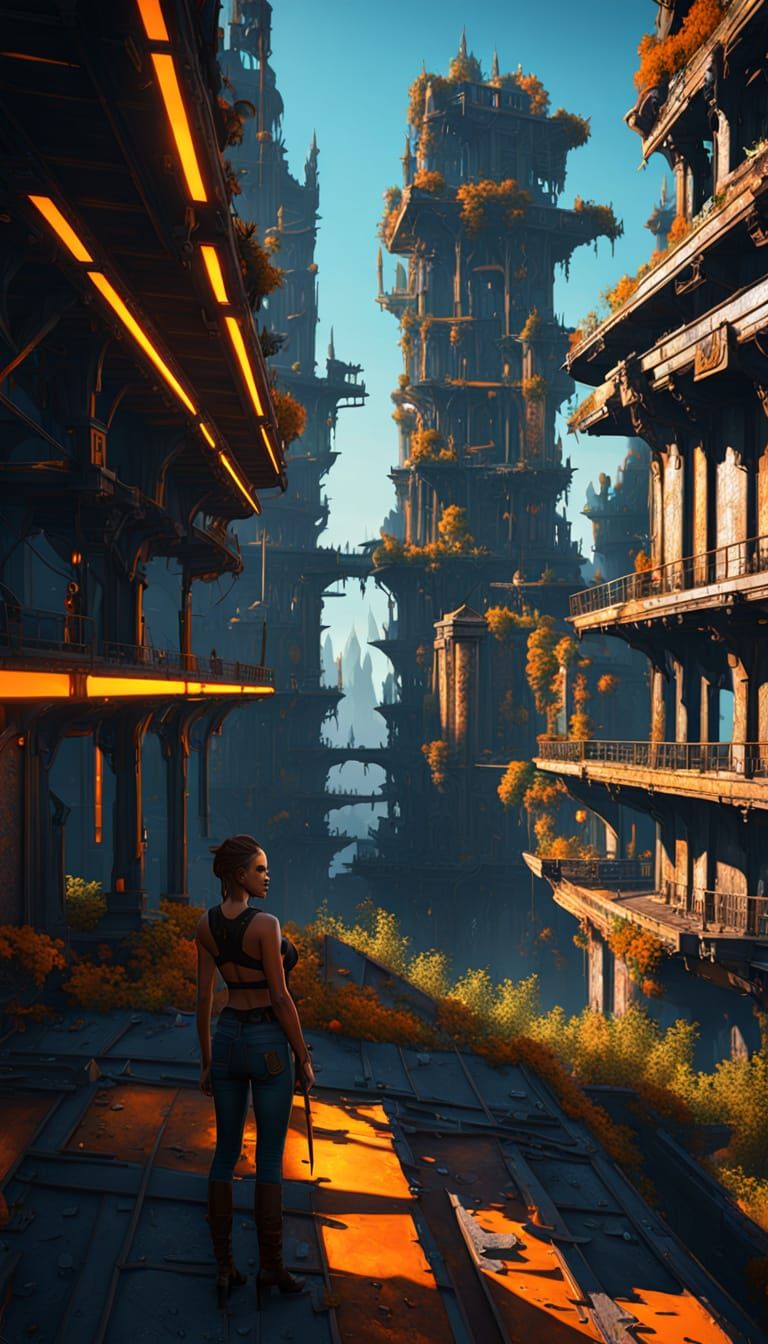 Female Warrior in Neon Ruins, Digital Art