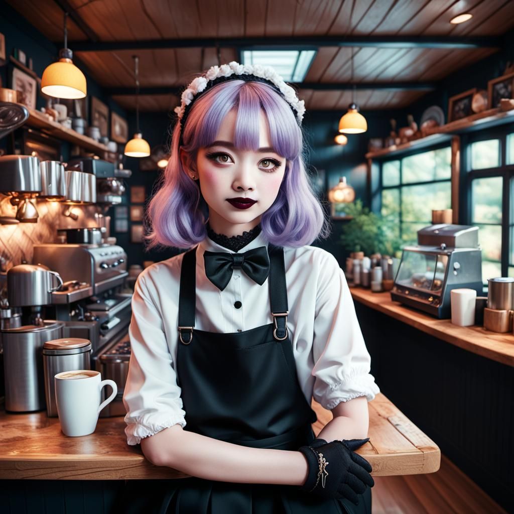 Joyful Goth Barista Dancing in Cozy Coffee Shop