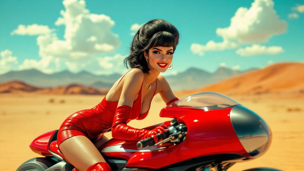 Retro Glamour: Woman on Motorcycle in Desert Landscape