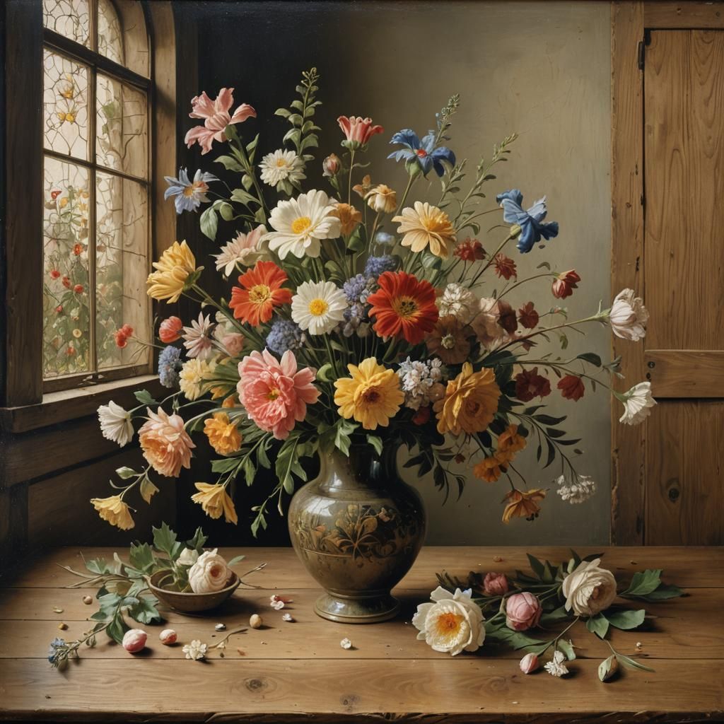 Flowers on Wooden Table in Northern Renaissance Style