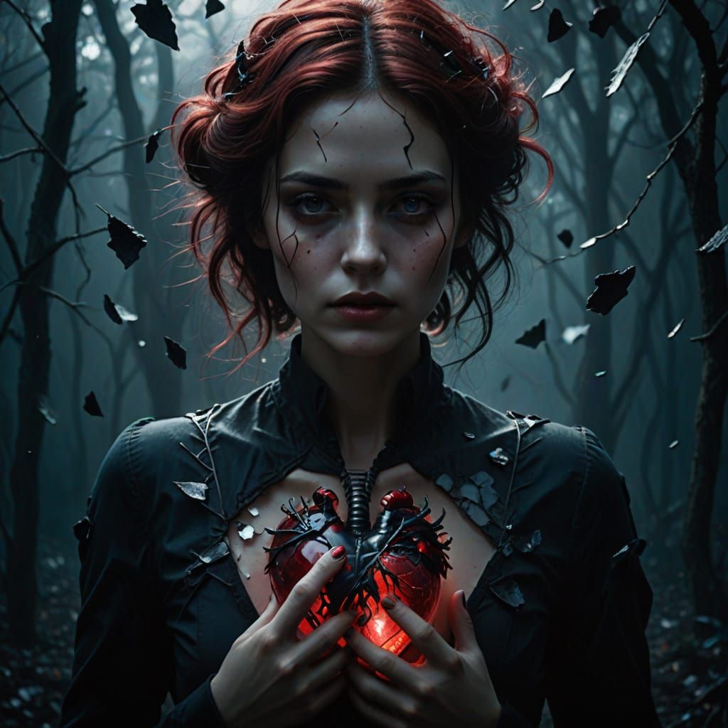 Surreal Woman with Cracked Glass Heart in Dark, Misty Lungs