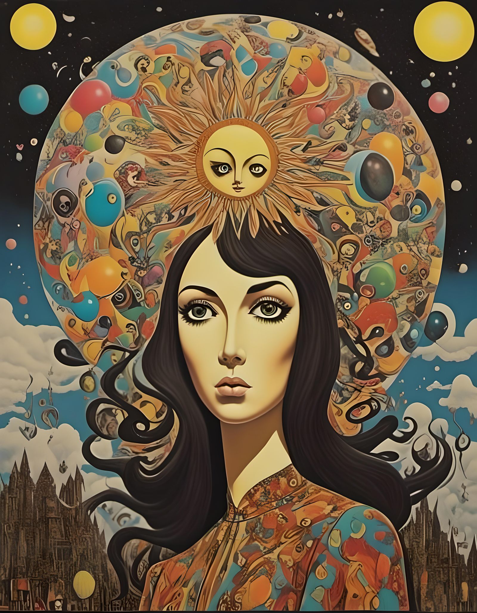 Psychedelic Pop Art Sun and Clouds Landscape