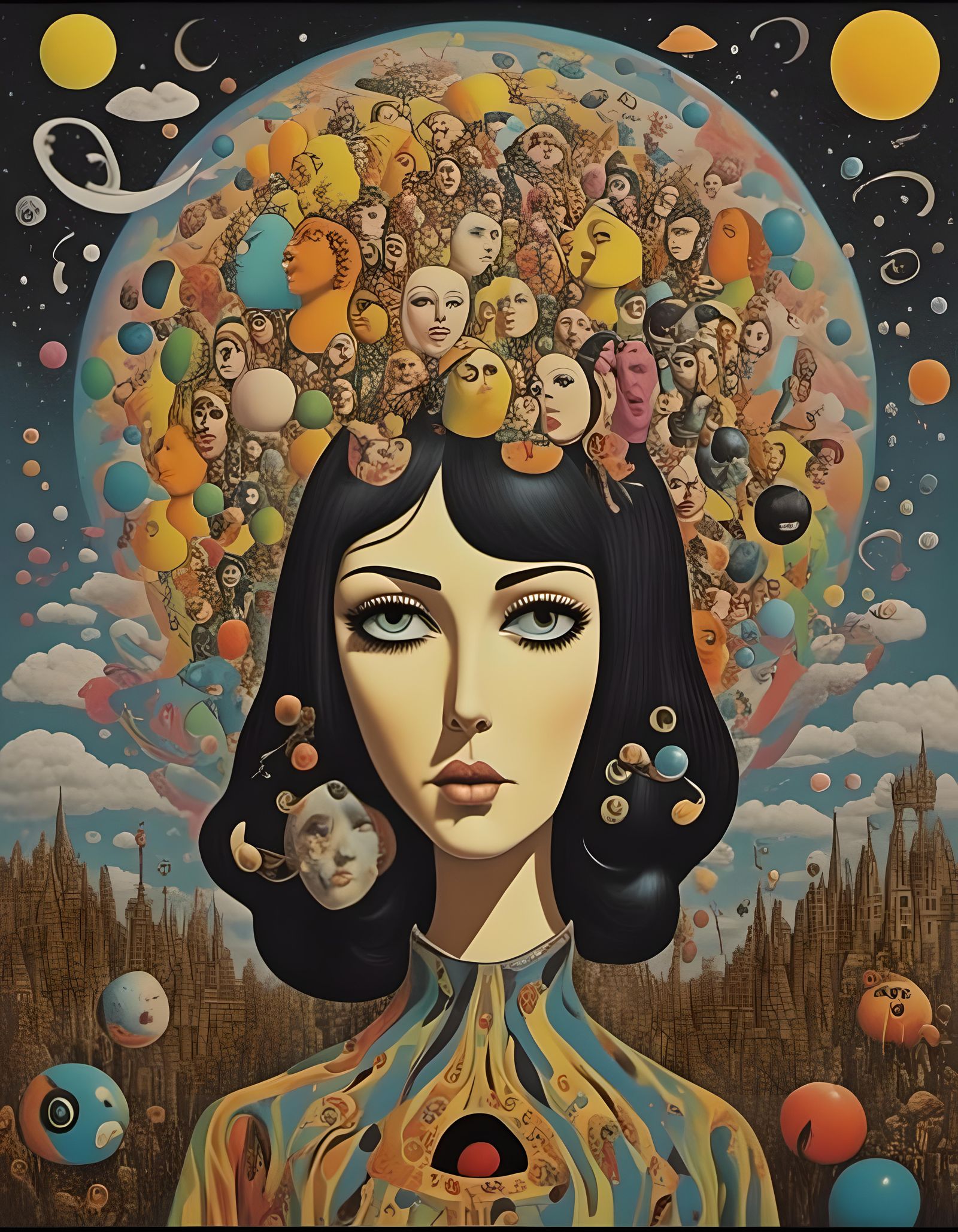 Psychedelic Sun Face in Funky 70s Style