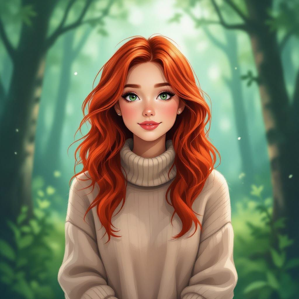 Red-Haired Girl in Dreamy Forest, Digital Watercolor