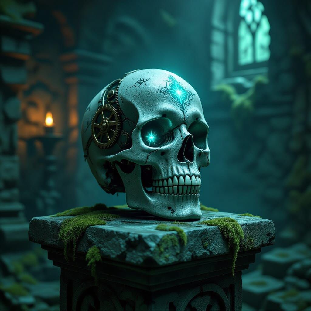 Clockwork Skull with Arcane Symbols on Pedestal