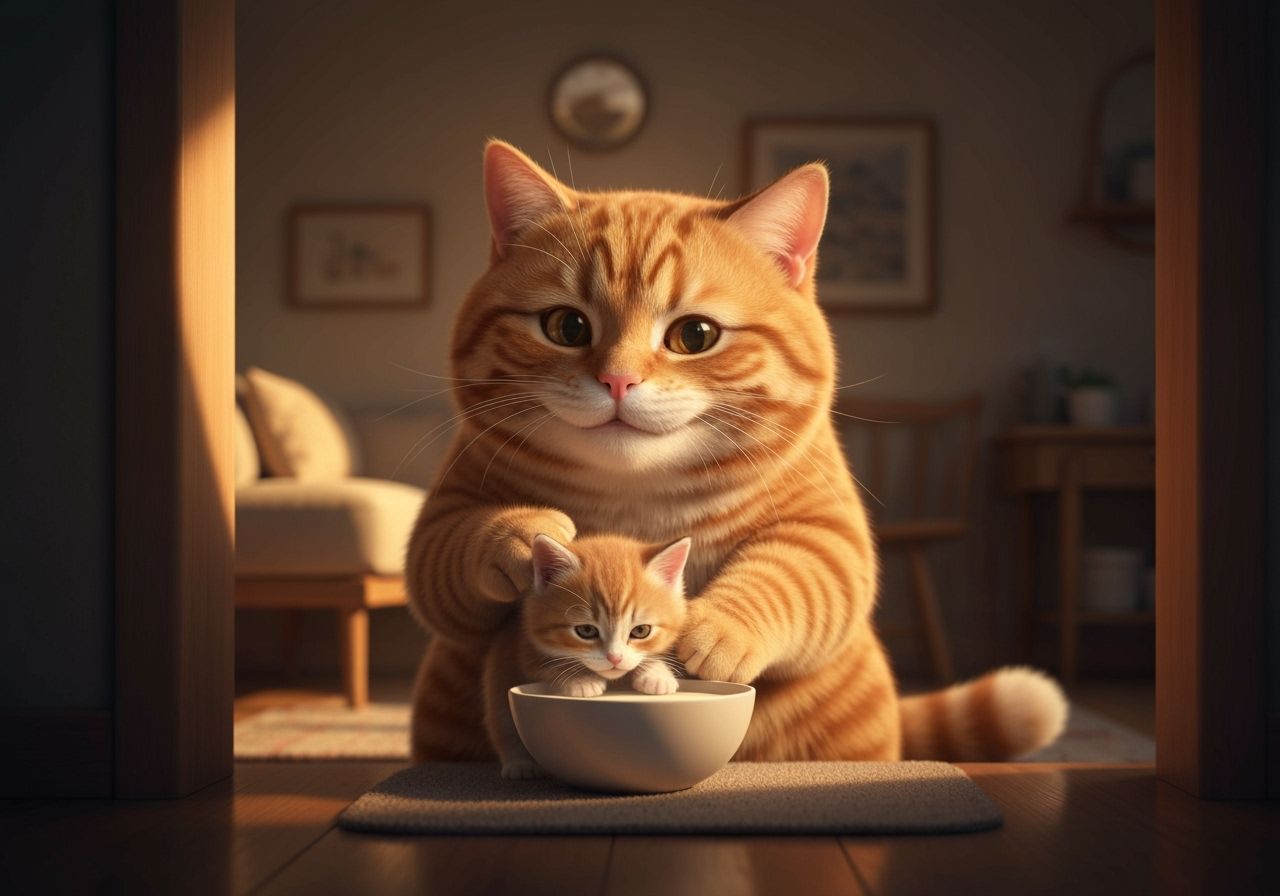 Kind Ginger Cat Tends to Kitten in Golden Hour Light