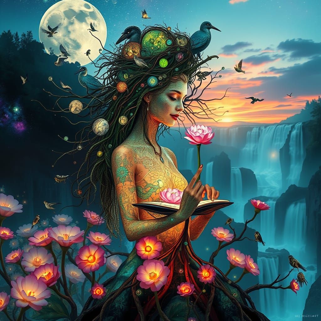 Bioluminescent Garden with Mirror Roots: Surreal Bio Art