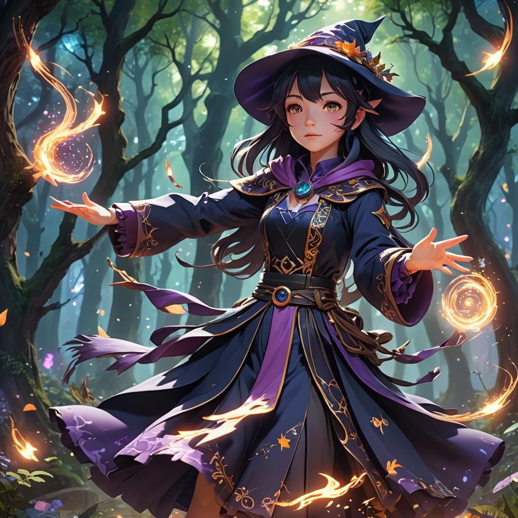 Anime Witch Casting Spell in Mystical Forest