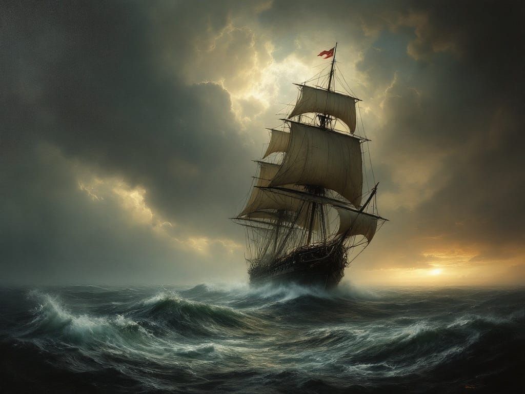 Dramatic Ship at Sea in a Chiaroscuro Oil Painting