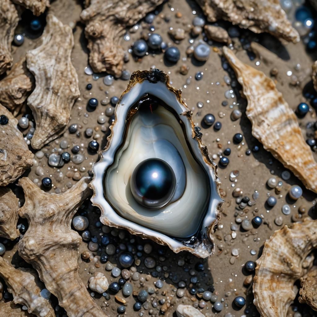 Black Pearl Inside Oyster on Seashore