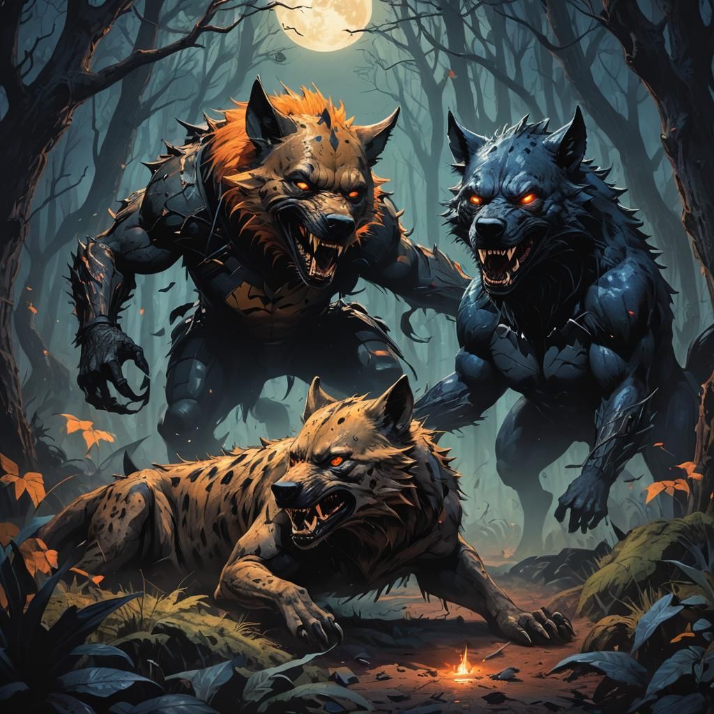Batman Wolf vs Joker Hyena in Dark Fantasy Forest