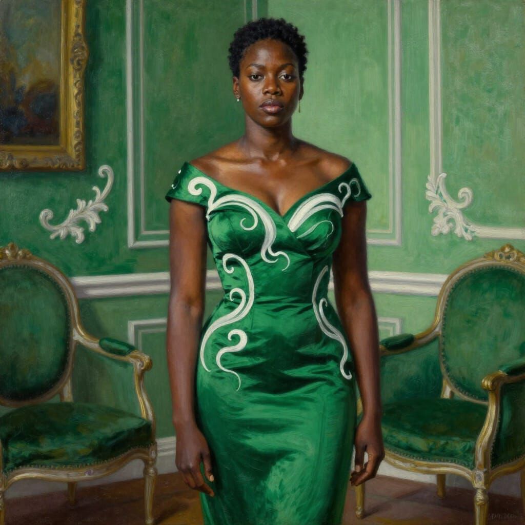 African American Woman in Green Dress, Opulent Realism