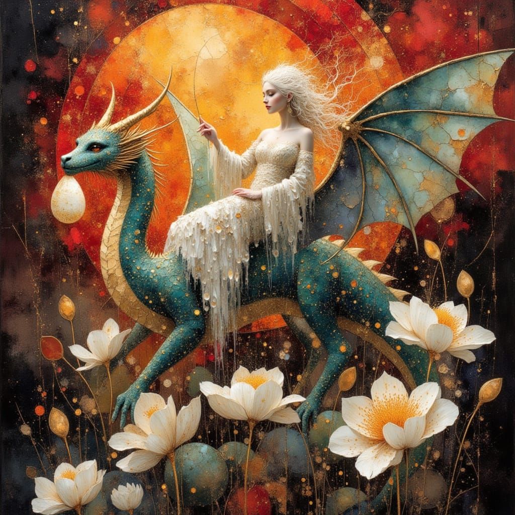 Iridescent Dragon and Rider Over Bonsai Landscape