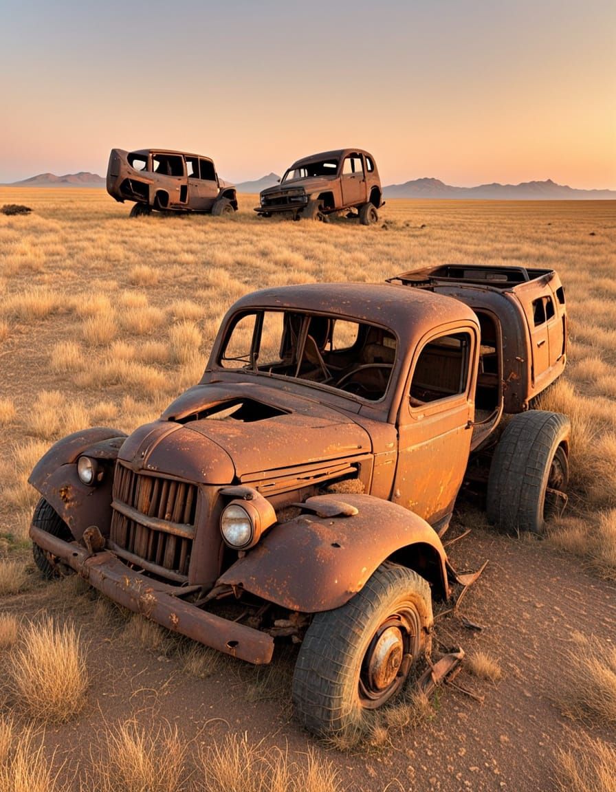 Dilapidated Farmhouse in Dry Steppe Landscape at Sunset
