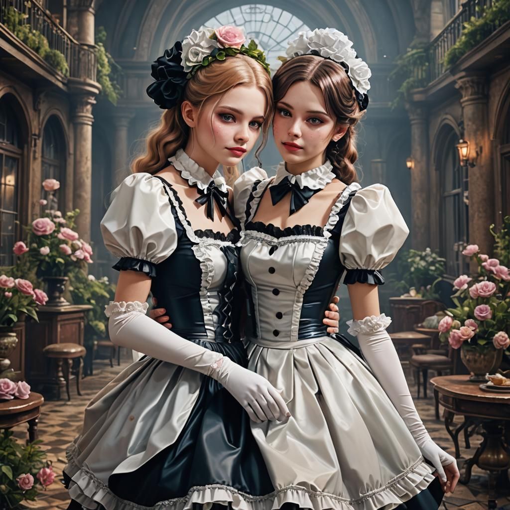Passionate Embrace: Two Maids in a Detailed Digital Painting