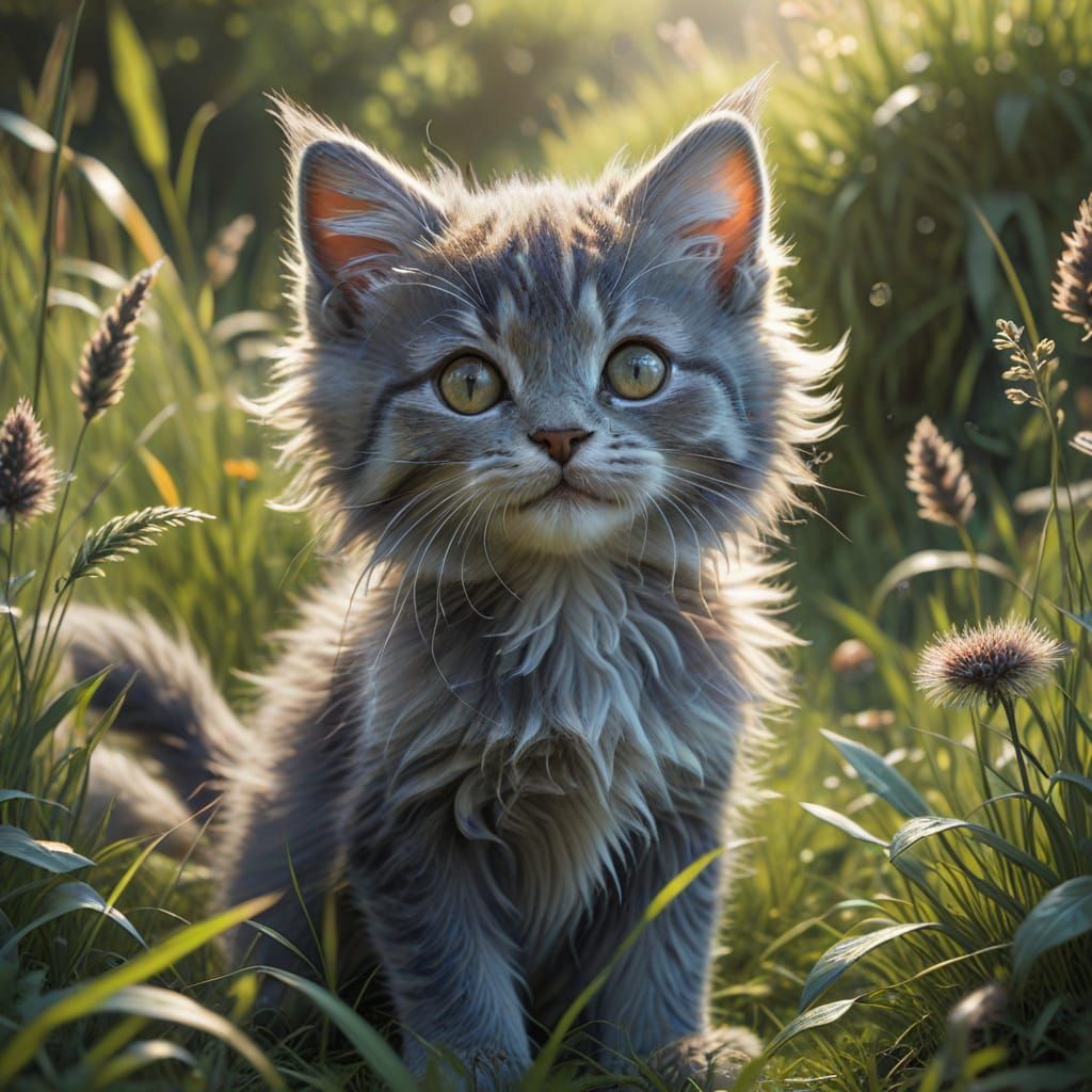 Cute Fluffy Kitten Playing in Long Grass - Whimsical Illustr...