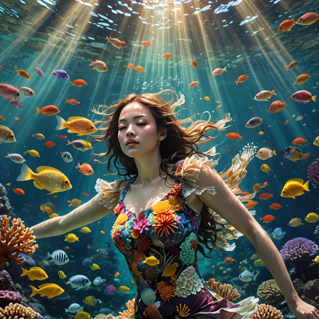 Underwater Girl with Coral and Fish in 8K