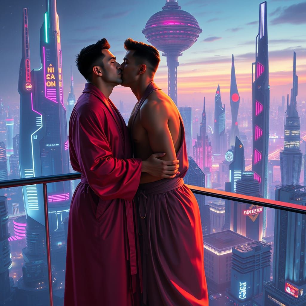 Futuristic Kiss on Balcony in Cyberpunk Cityscape
