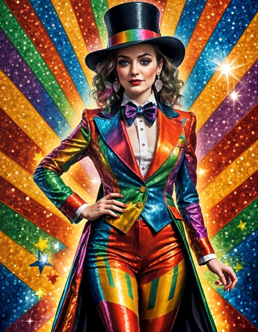 Vibrant Circus Ringmaster in a Rainbow Sequin Hat