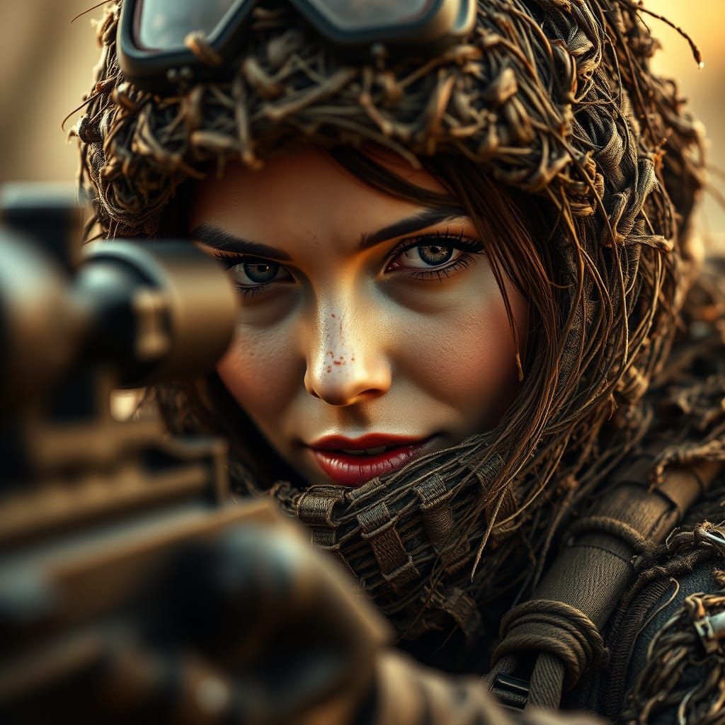 Cinematic Female Sniper in Earth-Toned Ghillie Suit