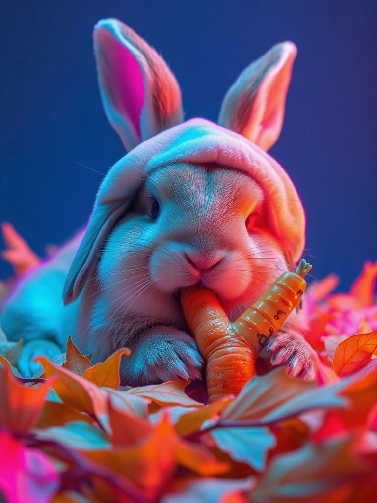 Fat Rabbit in Retro Sleeper's Hat Devours Carrot