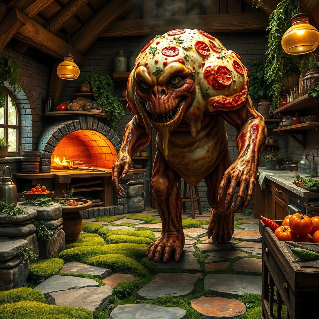 Photorealistic Pizza Golem Walks to Ancient Oven