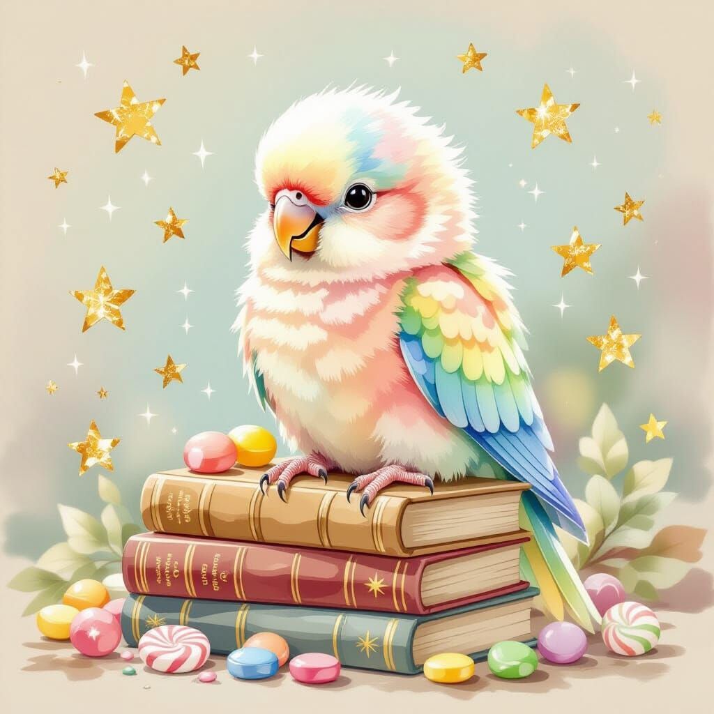 Pastel Parrot on Storybooks in Watercolor Style
