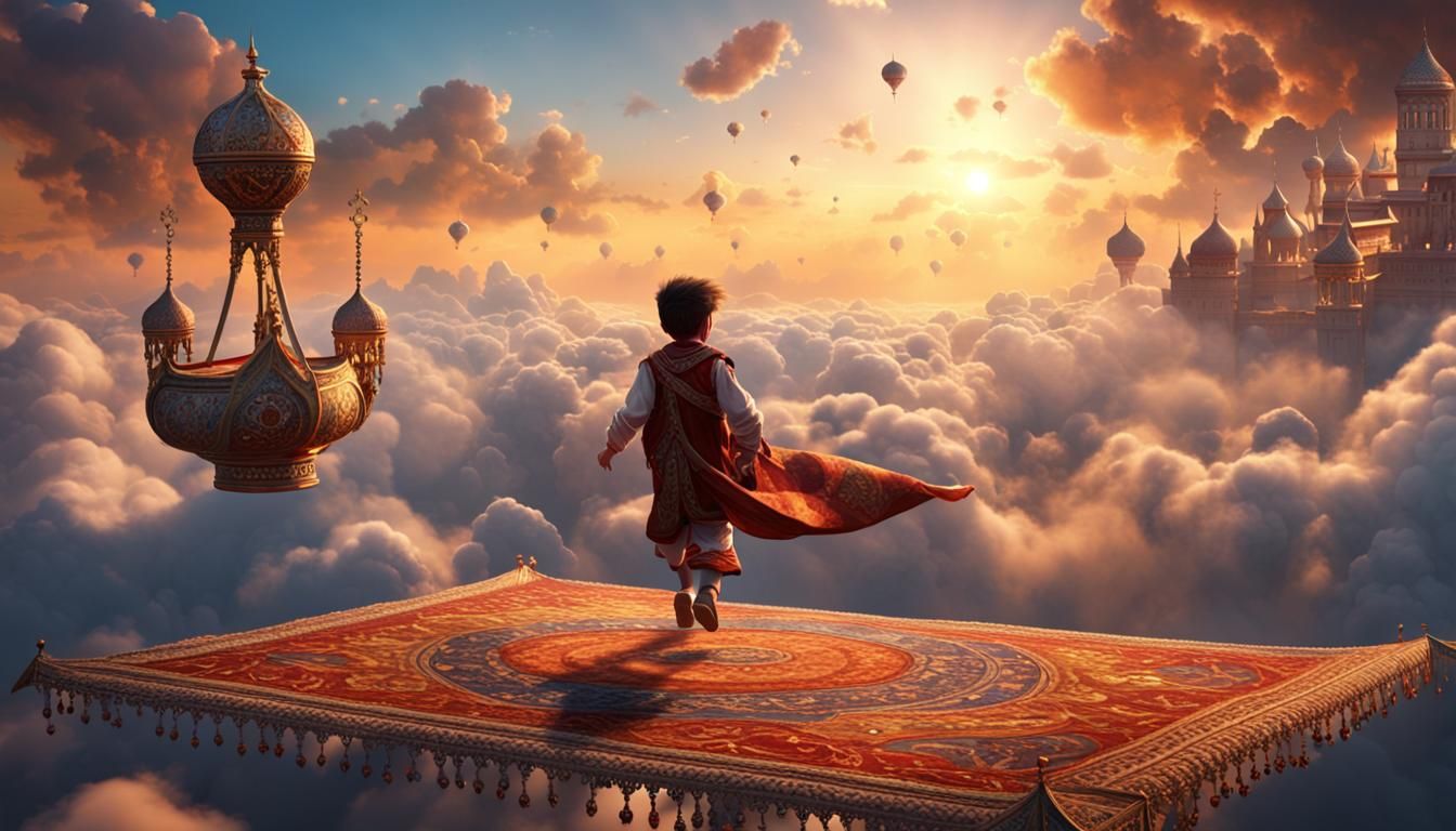 Child on Flying Carpet Above Clouds: Fantasy Art