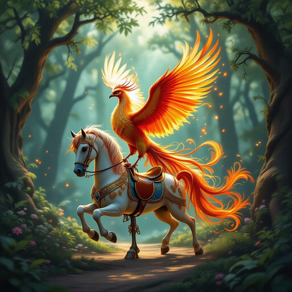 Phoenix on Carousel Horse in Mystical Forest