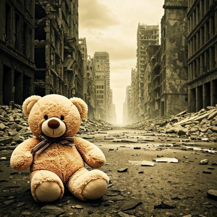 a child's Teddy Bear left behind in a post-apocalyptic city.