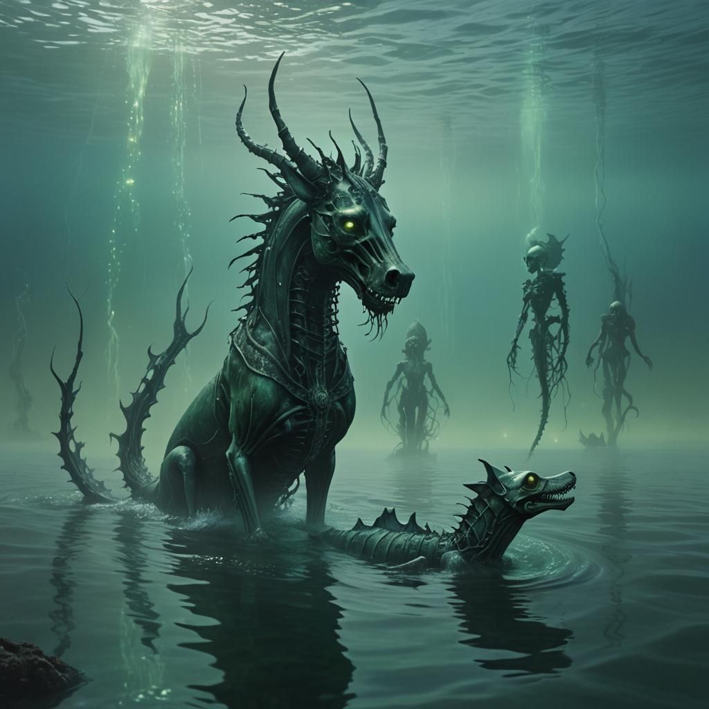 Gothic Kelpie and Mermaid in Dark Fantasy Ocean