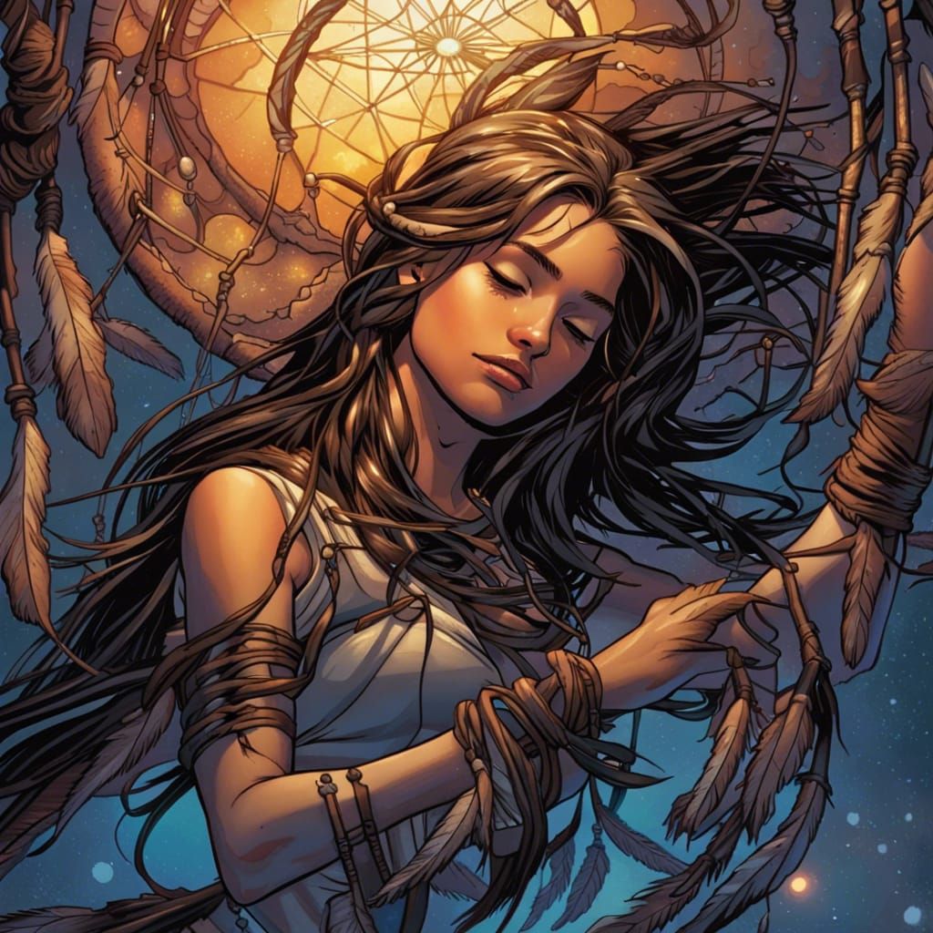 Dreamcatcher Over Sleeping Girl in Comic Book Art
