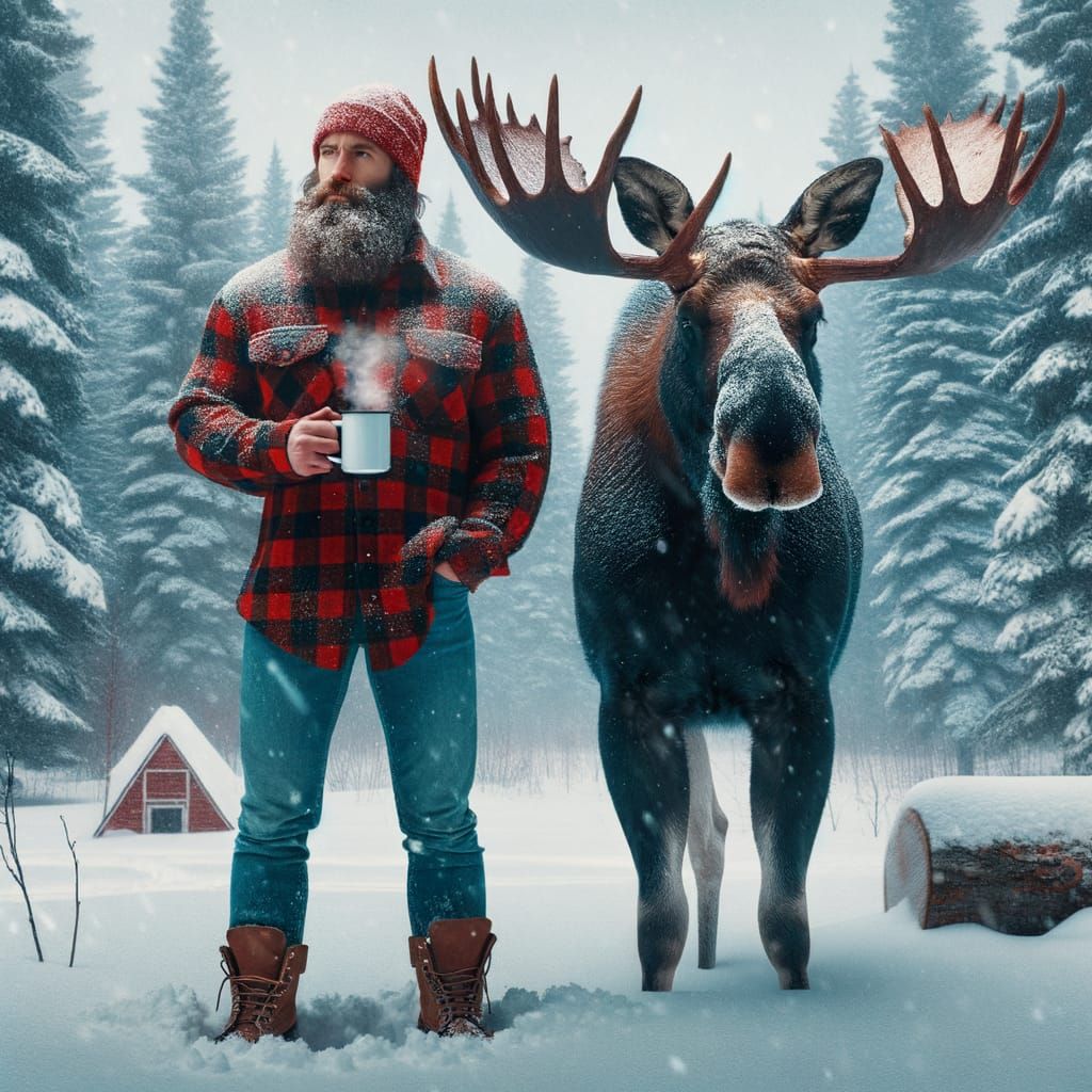 Canadian Forest Scene with Lumberjack and Moose
