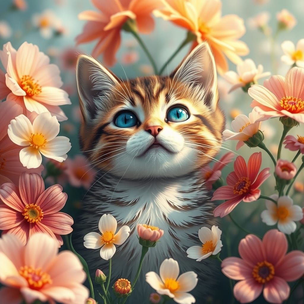 Whimsical Cat in a Blooming Wonderland