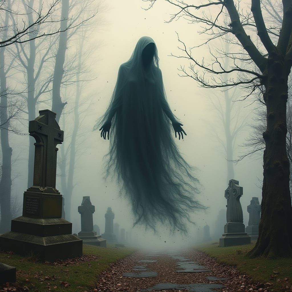 Ethereal Ghost Emerges from Gothic Cemetery