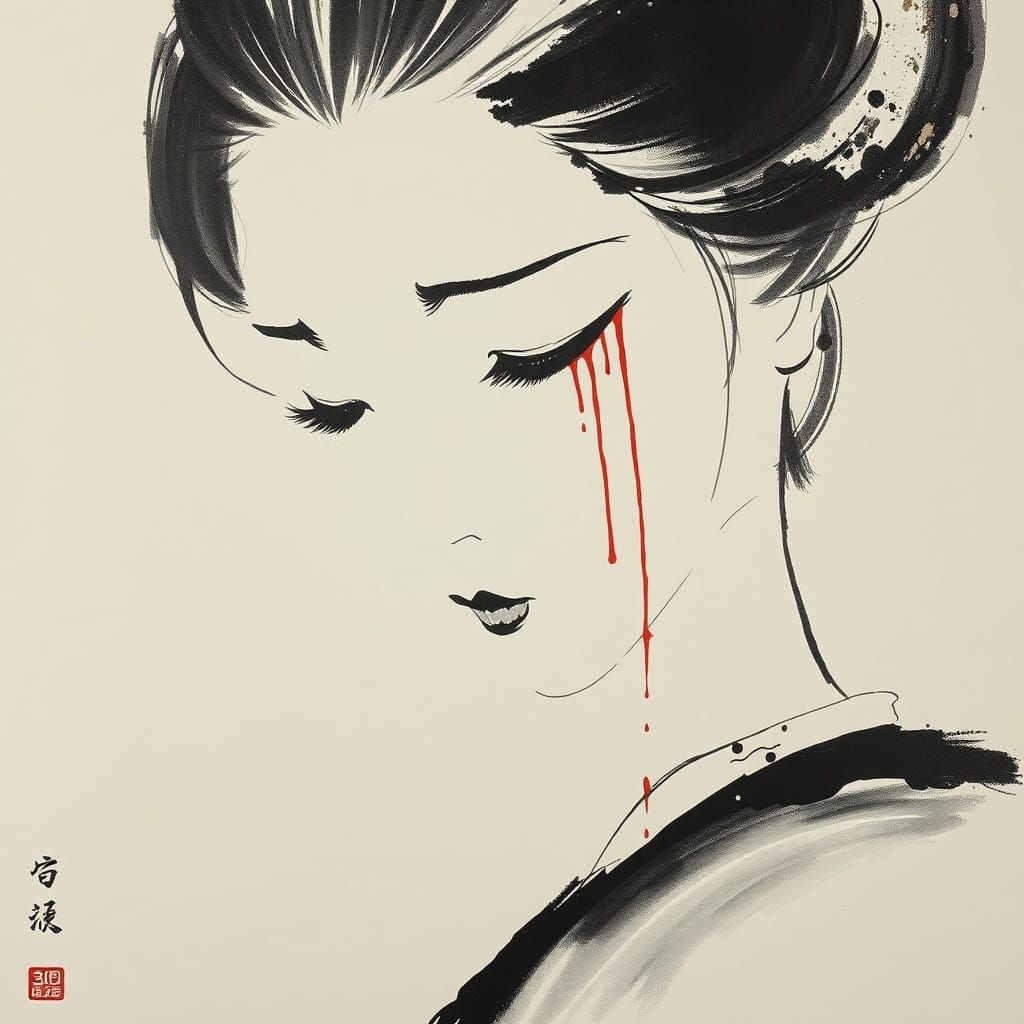 Geisha With Bloody Tears Sumi-e Mixed Media Art