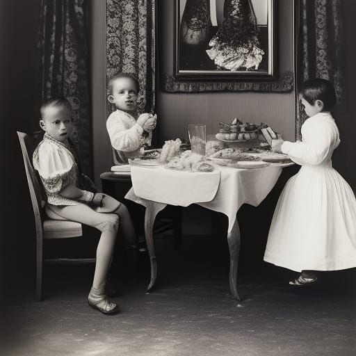 Creepy Family Dinner in Monochromatic Photograph Style