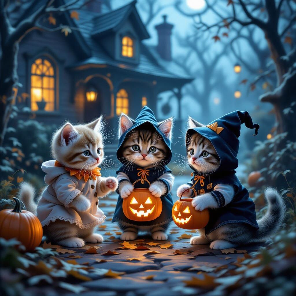 Kittens in Halloween Costumes in Haunted House