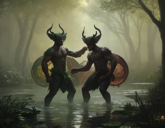 Fauns Playing in Forest: Impressionistic Oil Painting